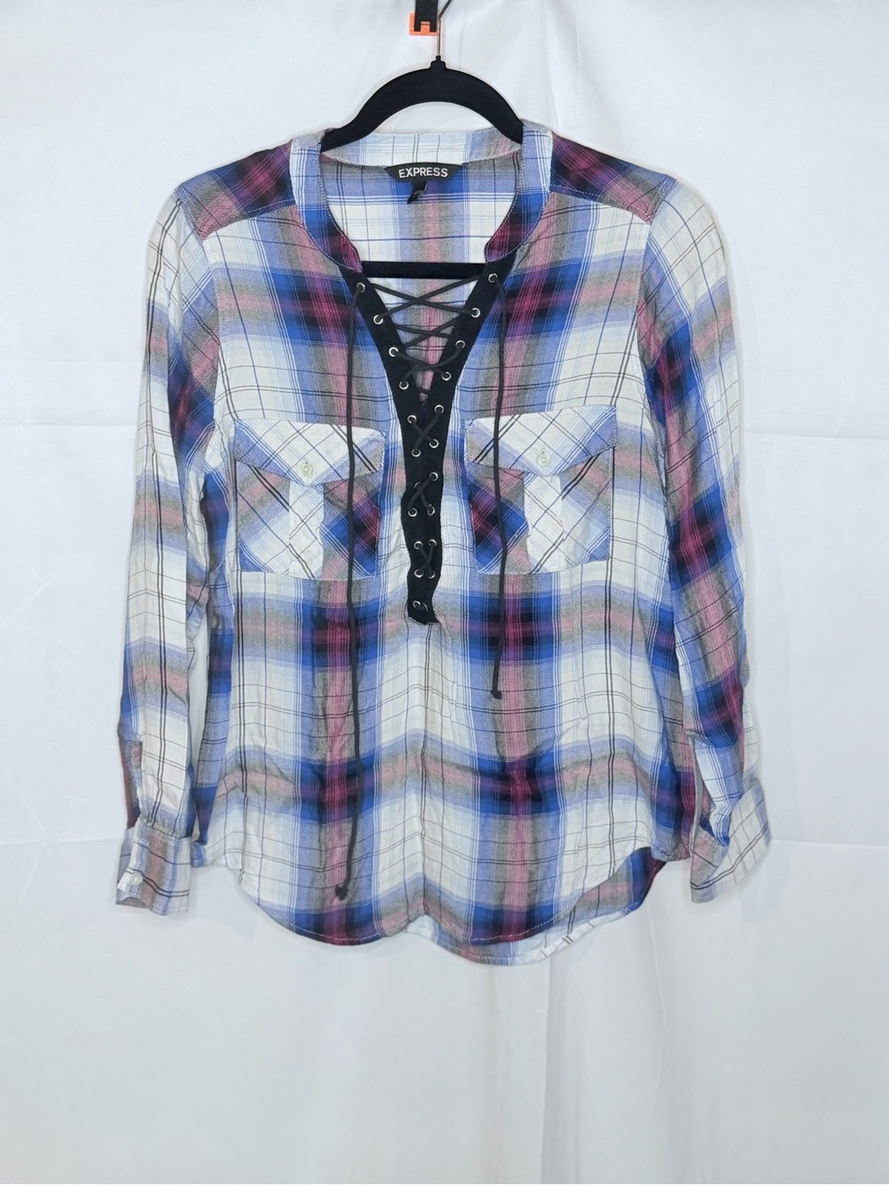 Express Plaid Lace-Up Button Down Shirt - Blue & Pink
